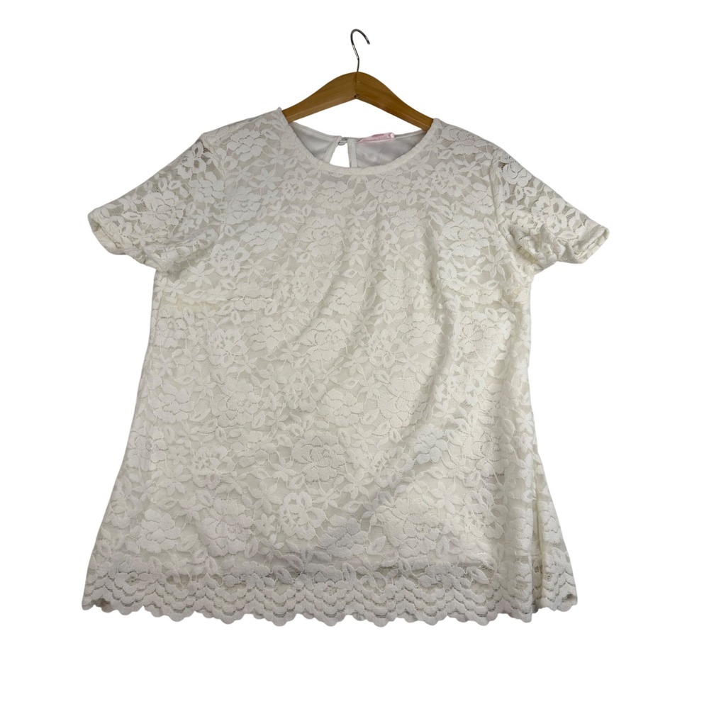 Teddi Rose White Floral Lace Short Sleeve Scalloped Hem Blouse Top Large NWT